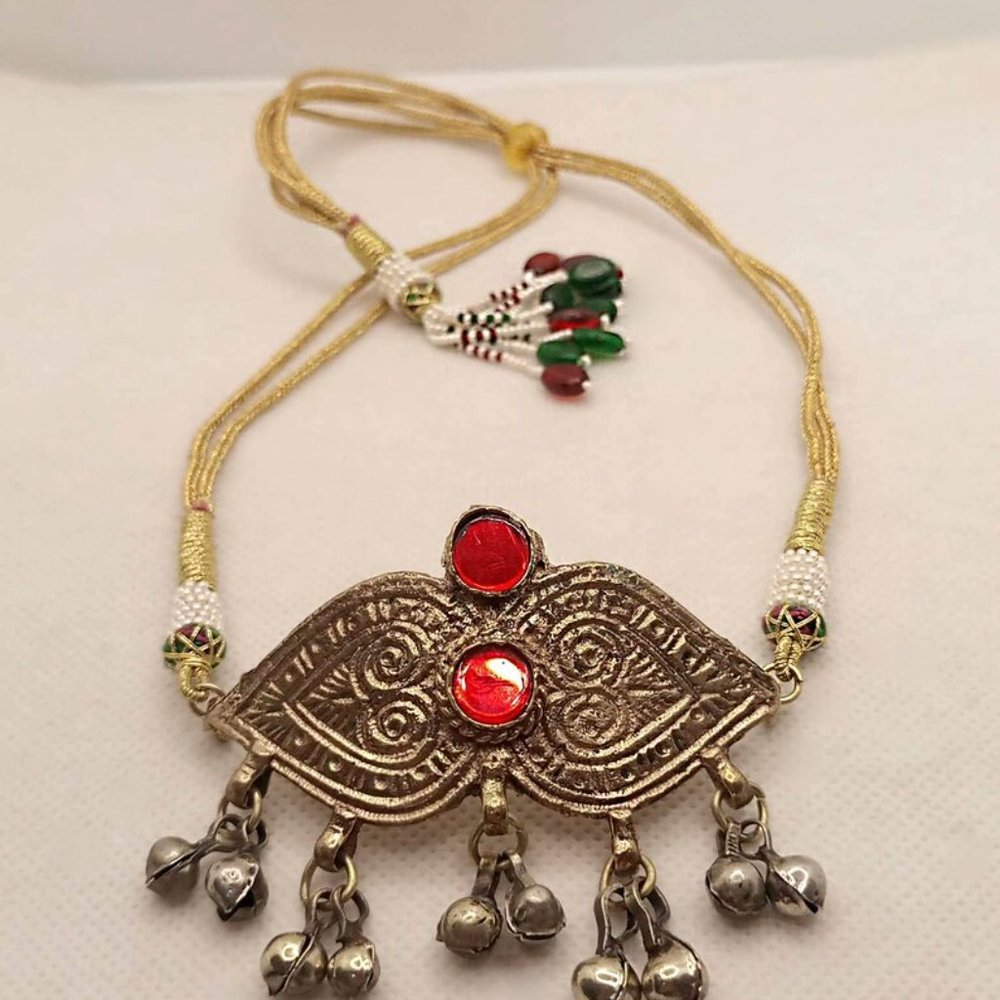 Afghan Kuchi Choker Necklace: Vintage Tribal Bells, Red Glass Stones - Picture 5 of 8